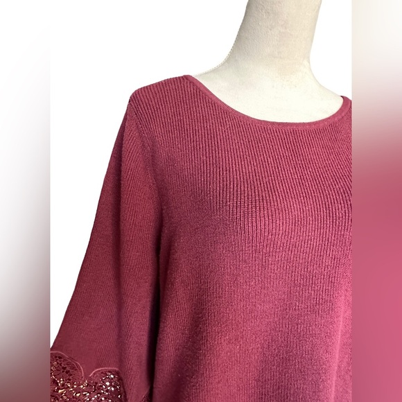 Chico’s burgundy wine belle sleeve ribbon knit lace detail sweater - Picture 3 of 8